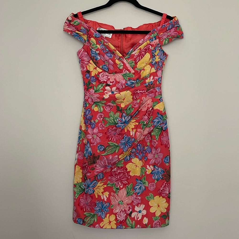 A.J. BARI Silk Floral Print Off-shoulder Pleated Dress Size 2P